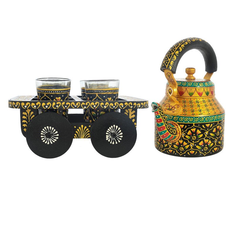HandPainted Alluminium Tea Kettle with Four Glasses and Wooden Tray For Home Décor , Tea Party , Serving - Image 5
