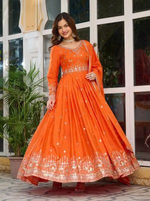 Women's American Silk Sequence Embroidery Long Anarkali Kurti (Gown) With Dupatta