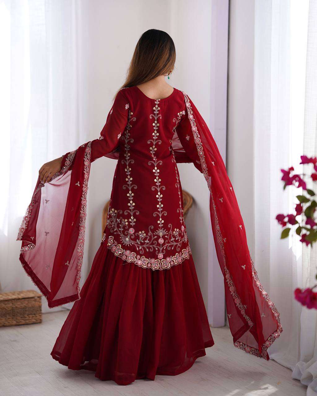 Women's Faux Georgette Sequins & Thread Work Straight Kurta With Sharara Suit and Dupatta Set - Image 10