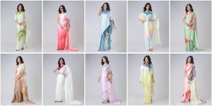 Women's Modern Dual-Tone Peach & Off-White Satin Silk Kaftan Saree with Digital Print Neck Design