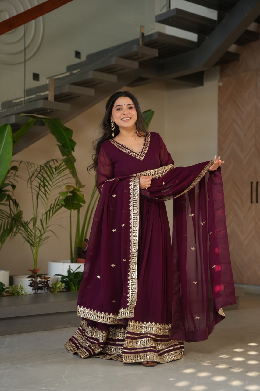 Women's Cotton Embroidered Anarkali Gown with Dupatta – Maroon Festive Wear Set - Image 2
