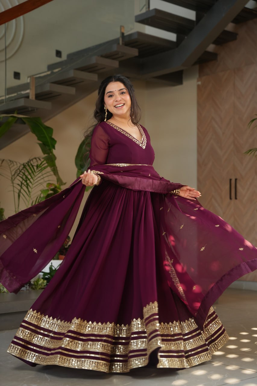 Women's Cotton Embroidered Anarkali Gown with Dupatta – Maroon Festive Wear Set - Image 3