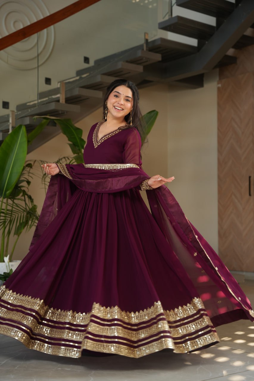 Women's Cotton Embroidered Anarkali Gown with Dupatta – Maroon Festive Wear Set - Image 4