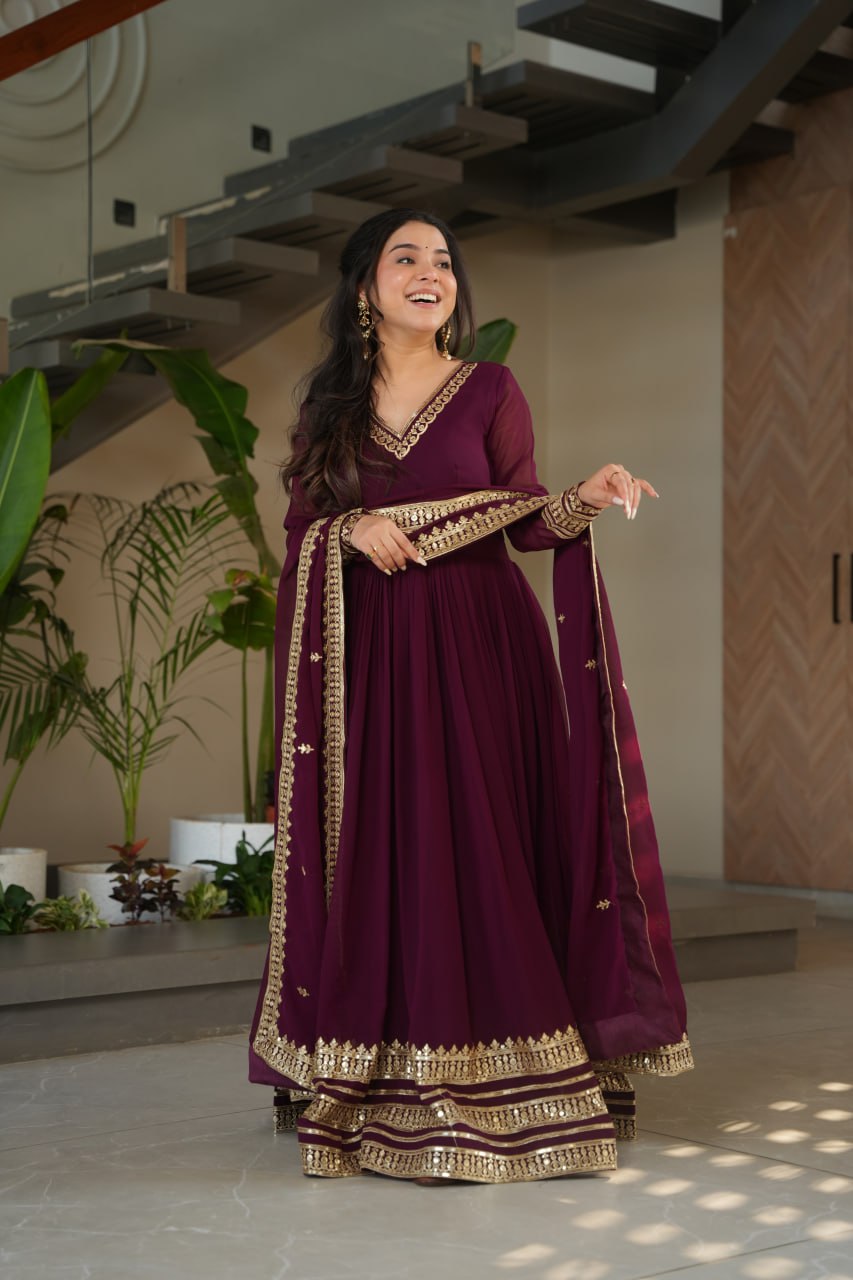 Women's Cotton Embroidered Anarkali Gown with Dupatta – Maroon Festive Wear Set - Image 7
