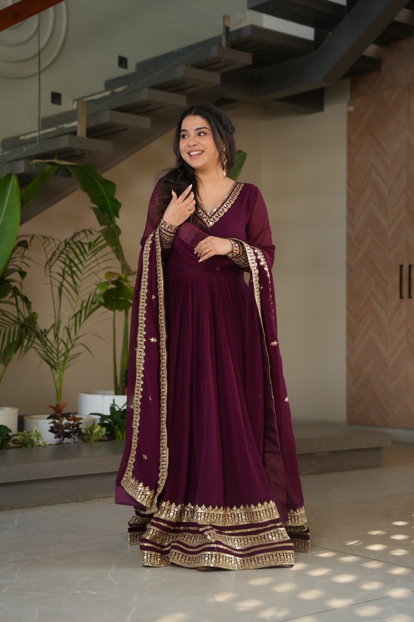 Women's Cotton Embroidered Anarkali Gown with Dupatta – Maroon Festive Wear Set - Image 8