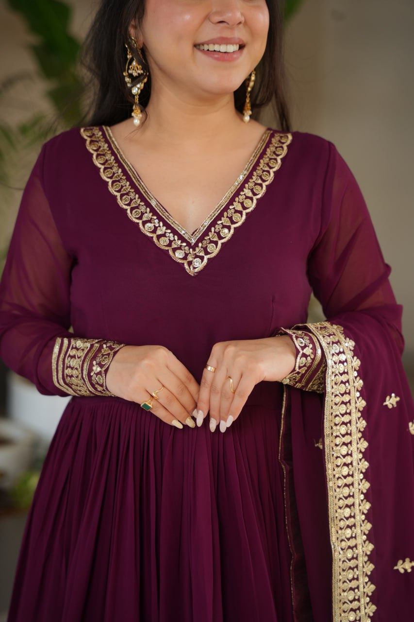 Women's Cotton Embroidered Anarkali Gown with Dupatta – Maroon Festive Wear Set - Image 10
