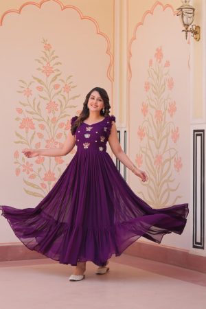 Women's Cotton Embroidered Flared Long Gown With Ruffle Sleeves