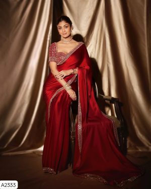 New trending original mirror and embroidery work satin silk saree